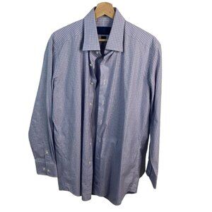 David‎ Donahue Dress Shirt mens sz 16 1/ Trim blue tattersall plaid 100% cotton